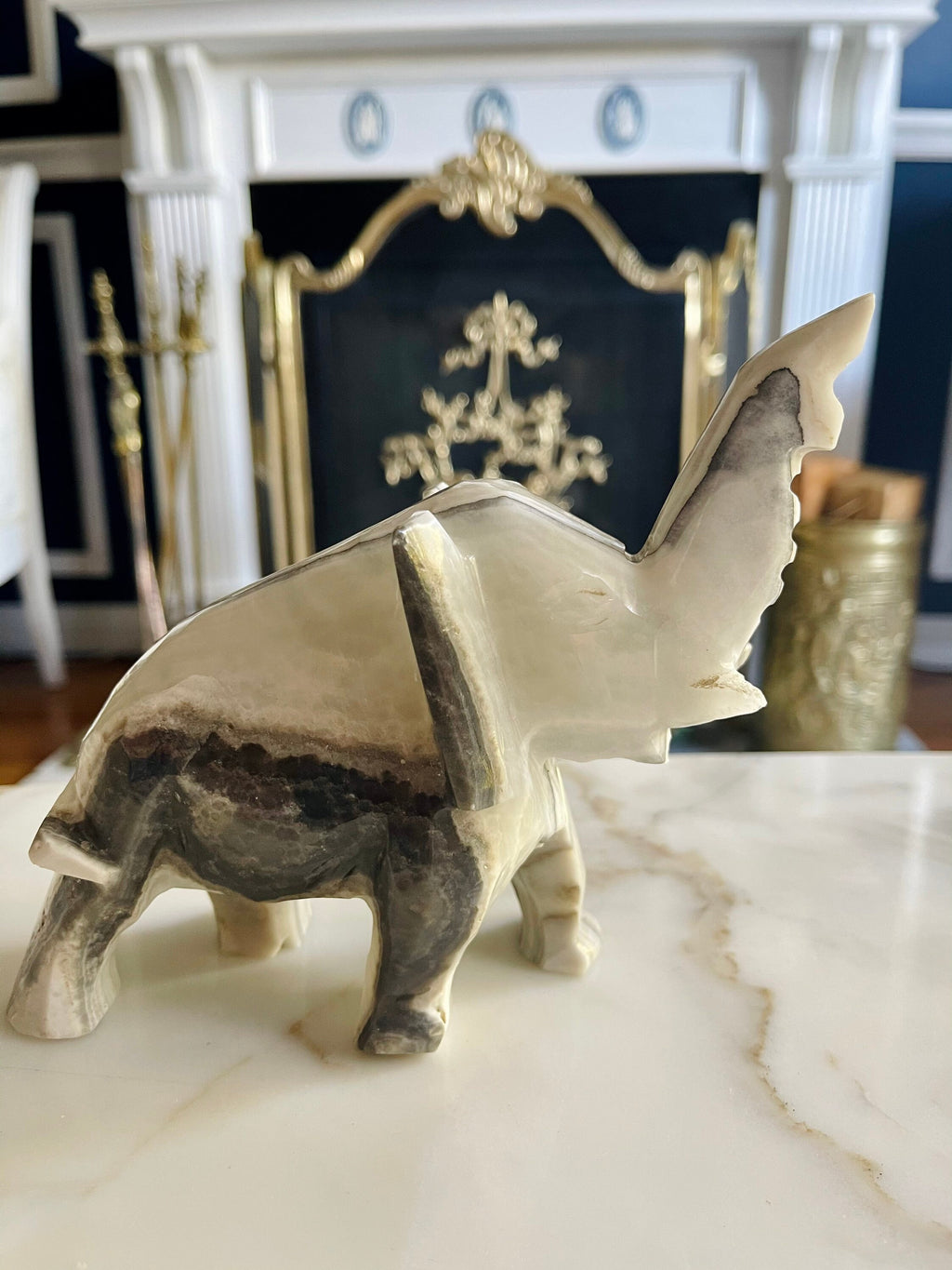 Large Vintage Grey & White Onyx Elephant