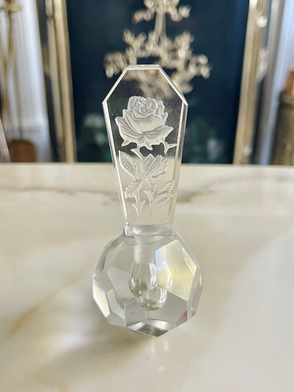 Vintage I Rioe Faceted Crystal Perfume Bottle. Intaglio Rose Top Crystal Perfume Bottle Rice Hand Cut Perfume Bottle With Etched Rose Top