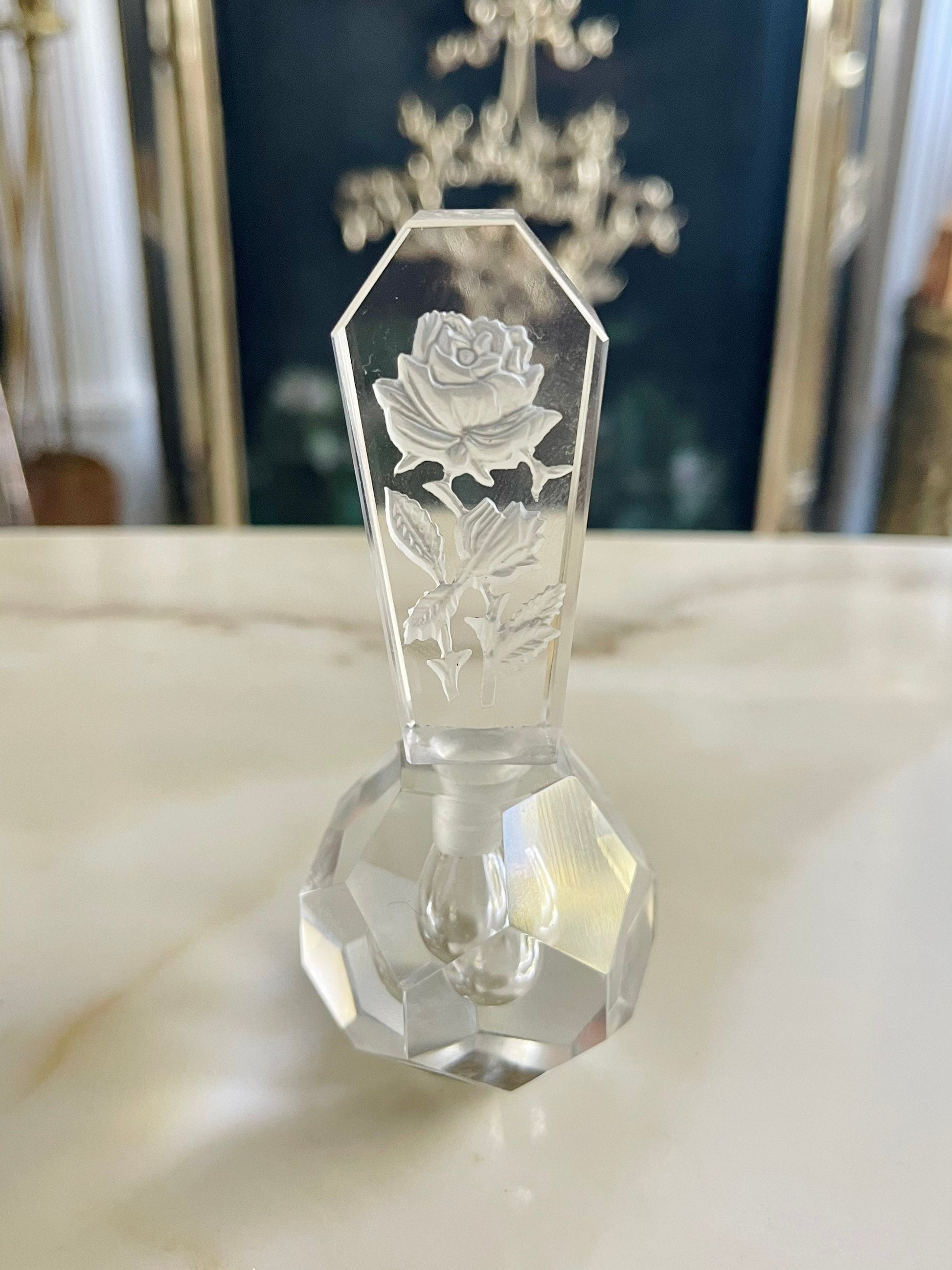 Vintage I Rioe Faceted Crystal Perfume Bottle. Intaglio Rose Top Crystal Perfume Bottle Rice Hand Cut Perfume Bottle With Etched Rose Top