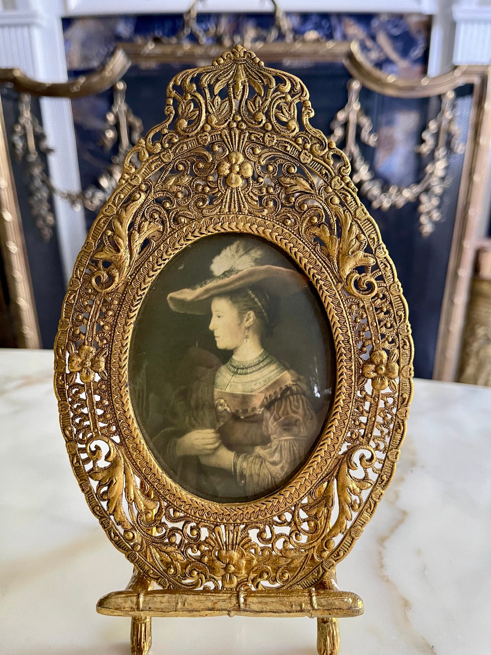 Antique Miniature Portrait Under Curved Glass in Detailed Frame