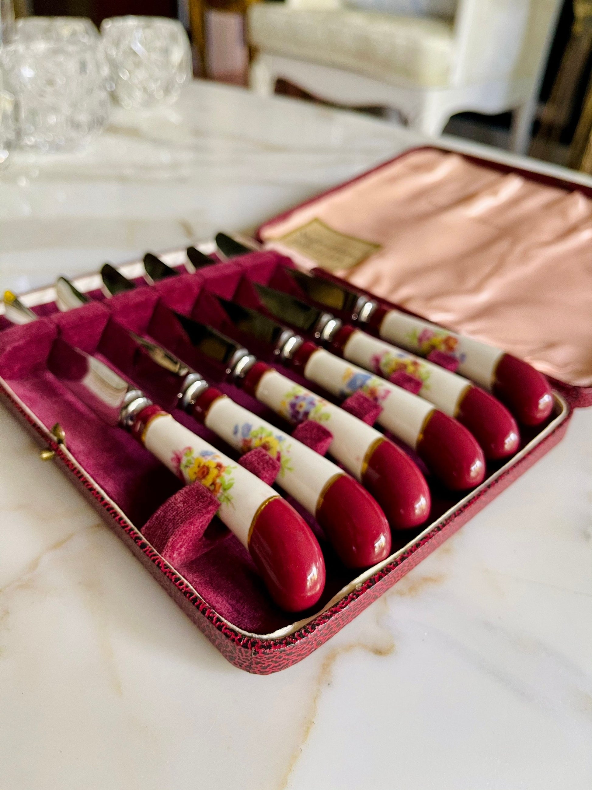 Vintage Harrison Fisher & Co Staffordshire Porcelain Floral Knife Set of 6