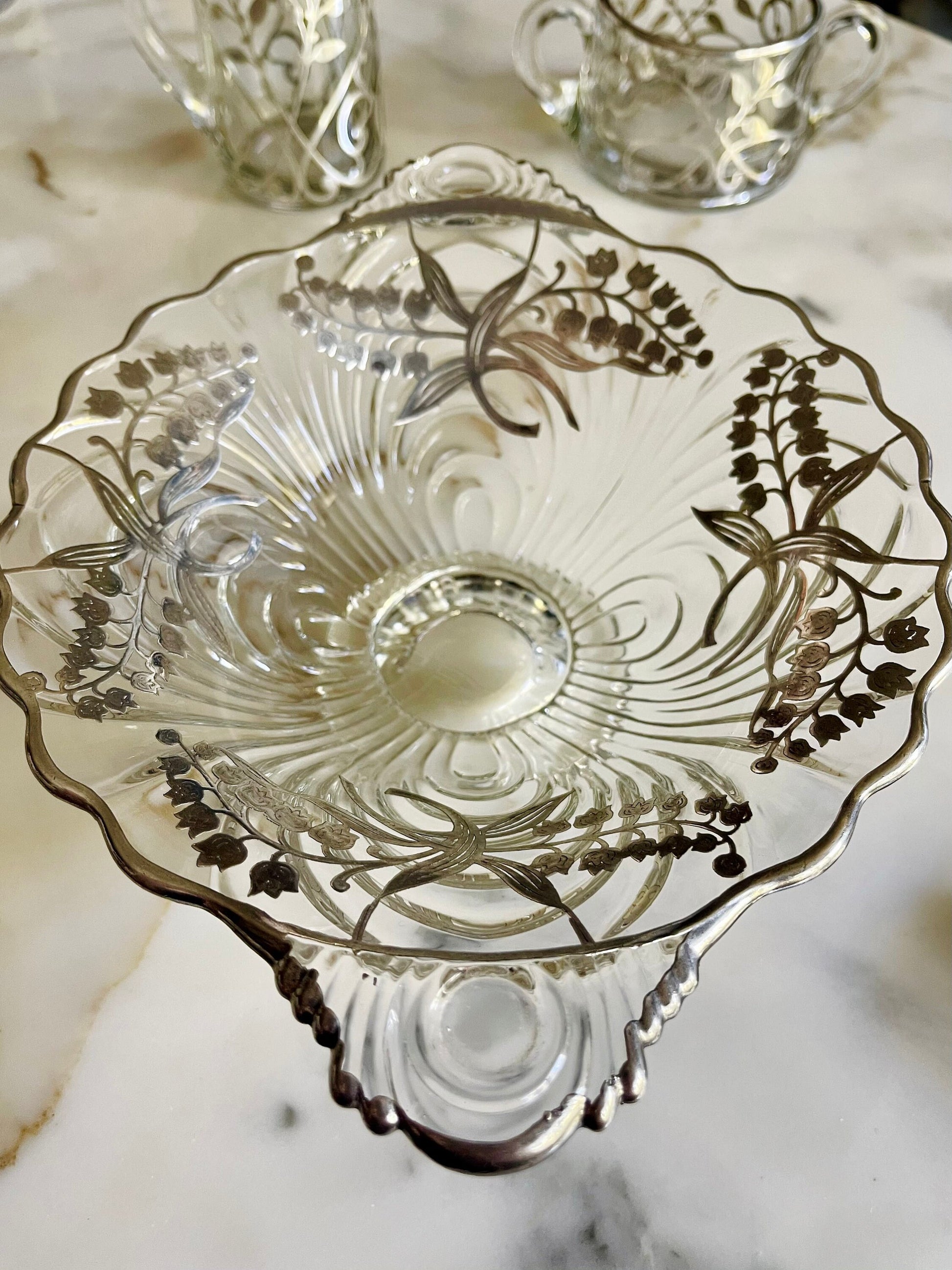 Vintage Silver Overlay Candy Dish Clear Glass