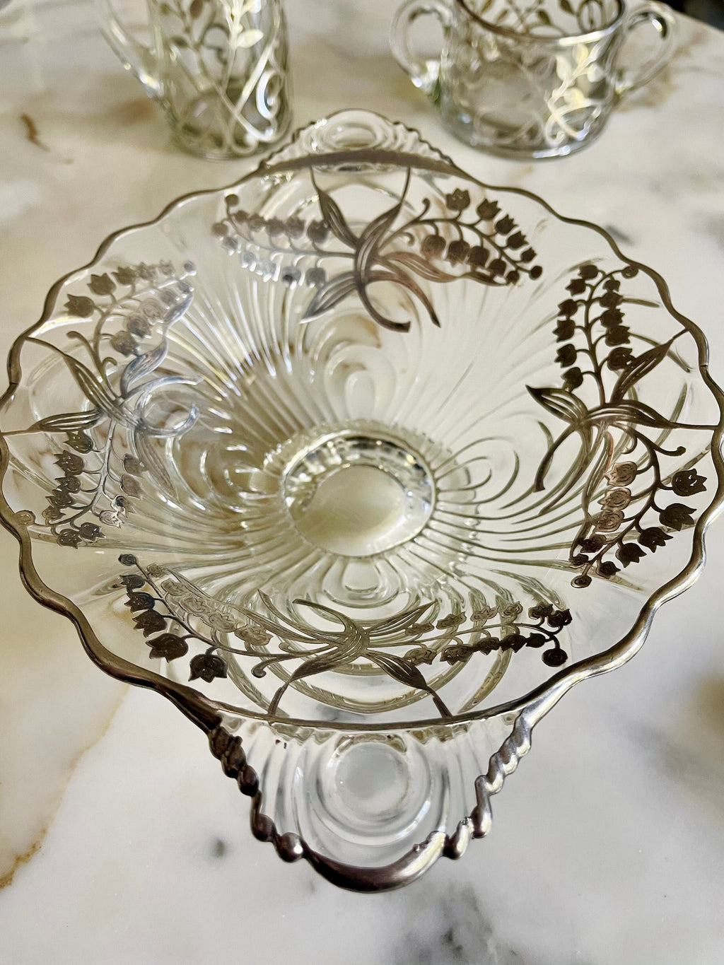 Vintage Silver Overlay Candy Dish Clear Glass