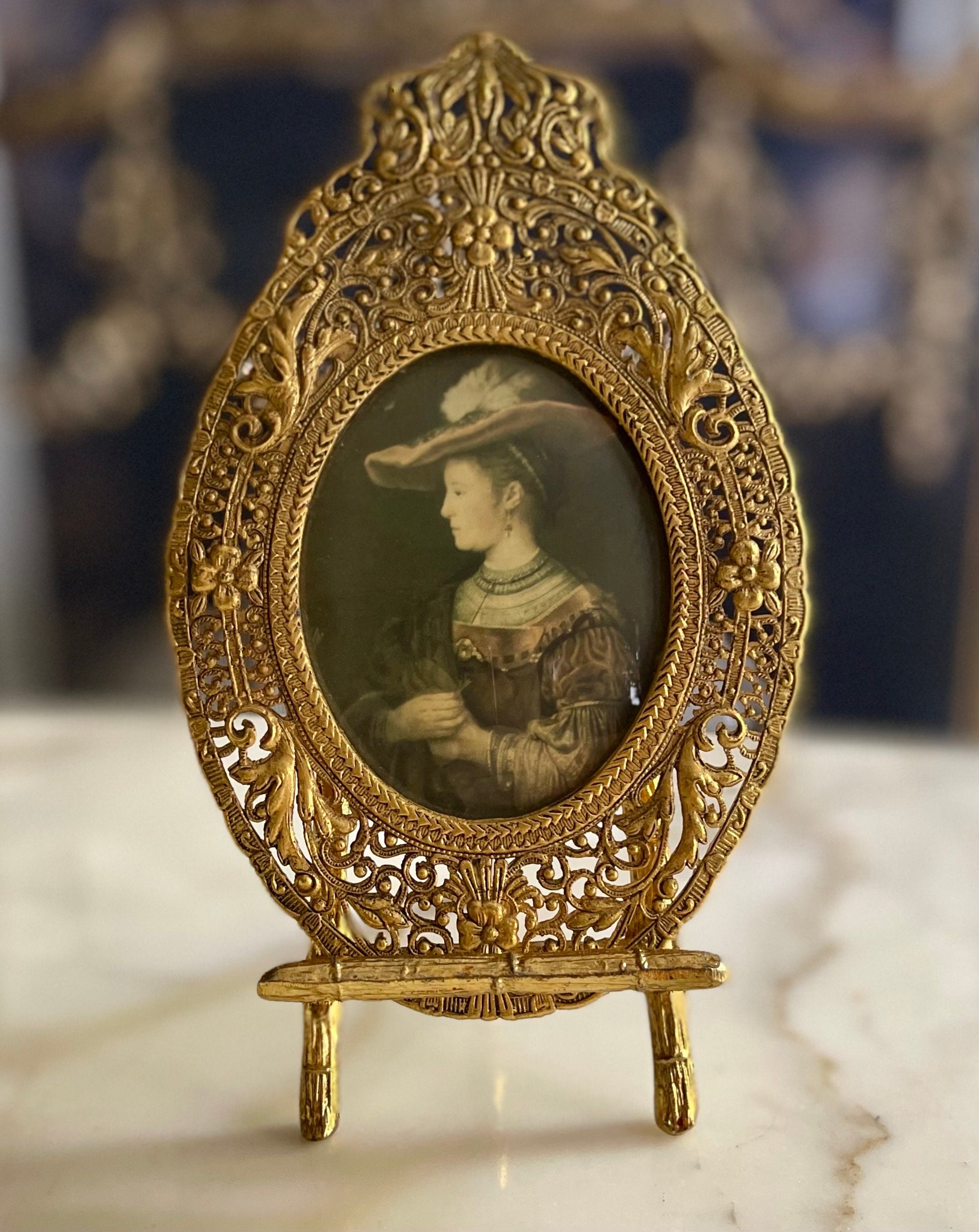 Antique Miniature Portrait Under Curved Glass in Detailed Frame