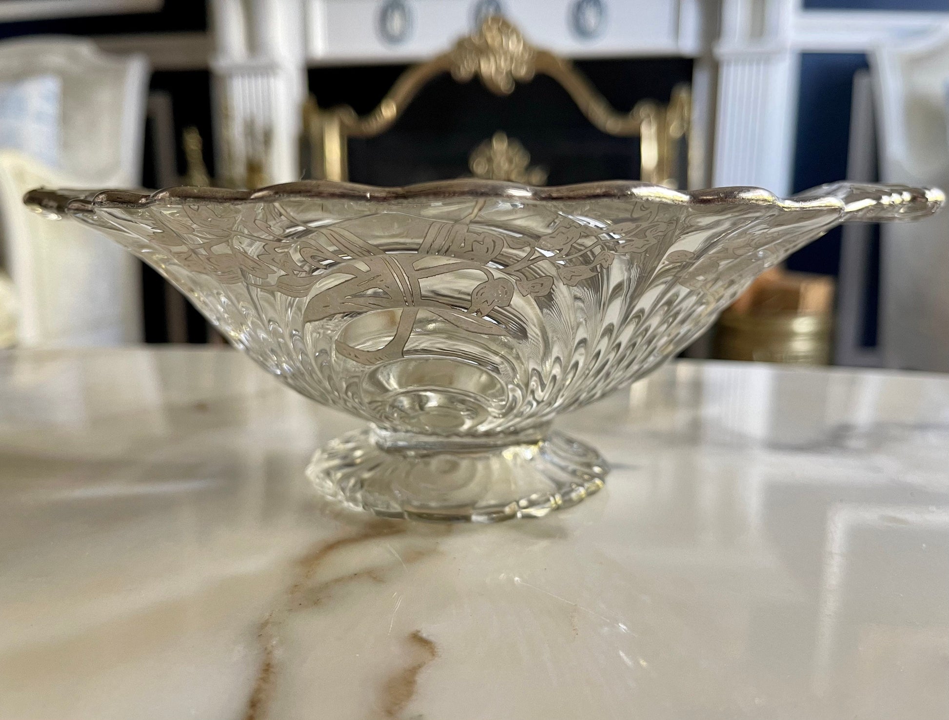 Vintage Silver Overlay Candy Dish Clear Glass