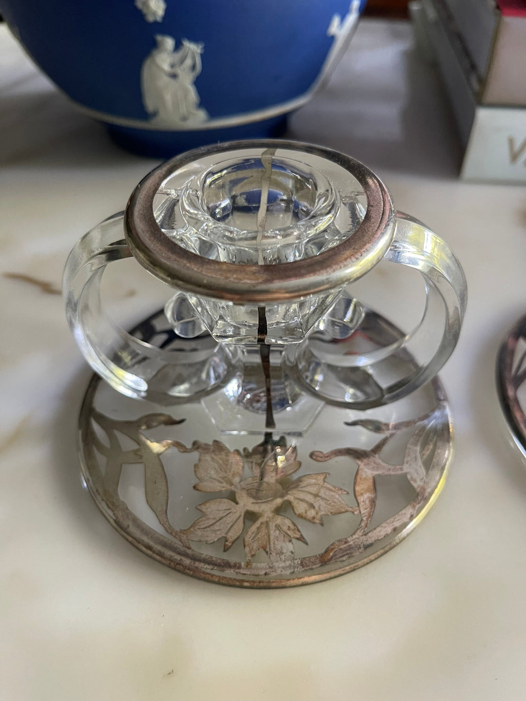 Vintage Sterling Silver Overlay Candlestick/Candle Holders Glass Vintage Set