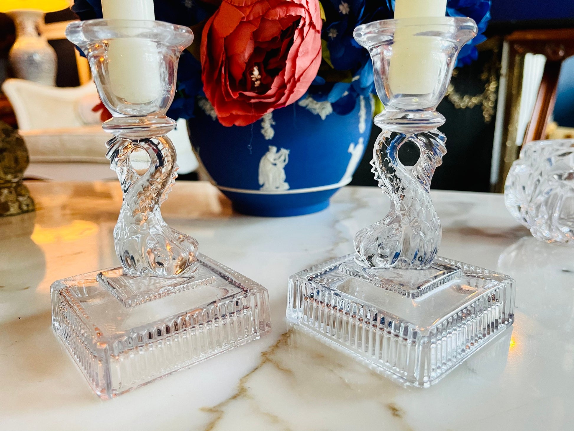 Vintage Pair 1930s Imperial Dolphin Glass Candle Holders
