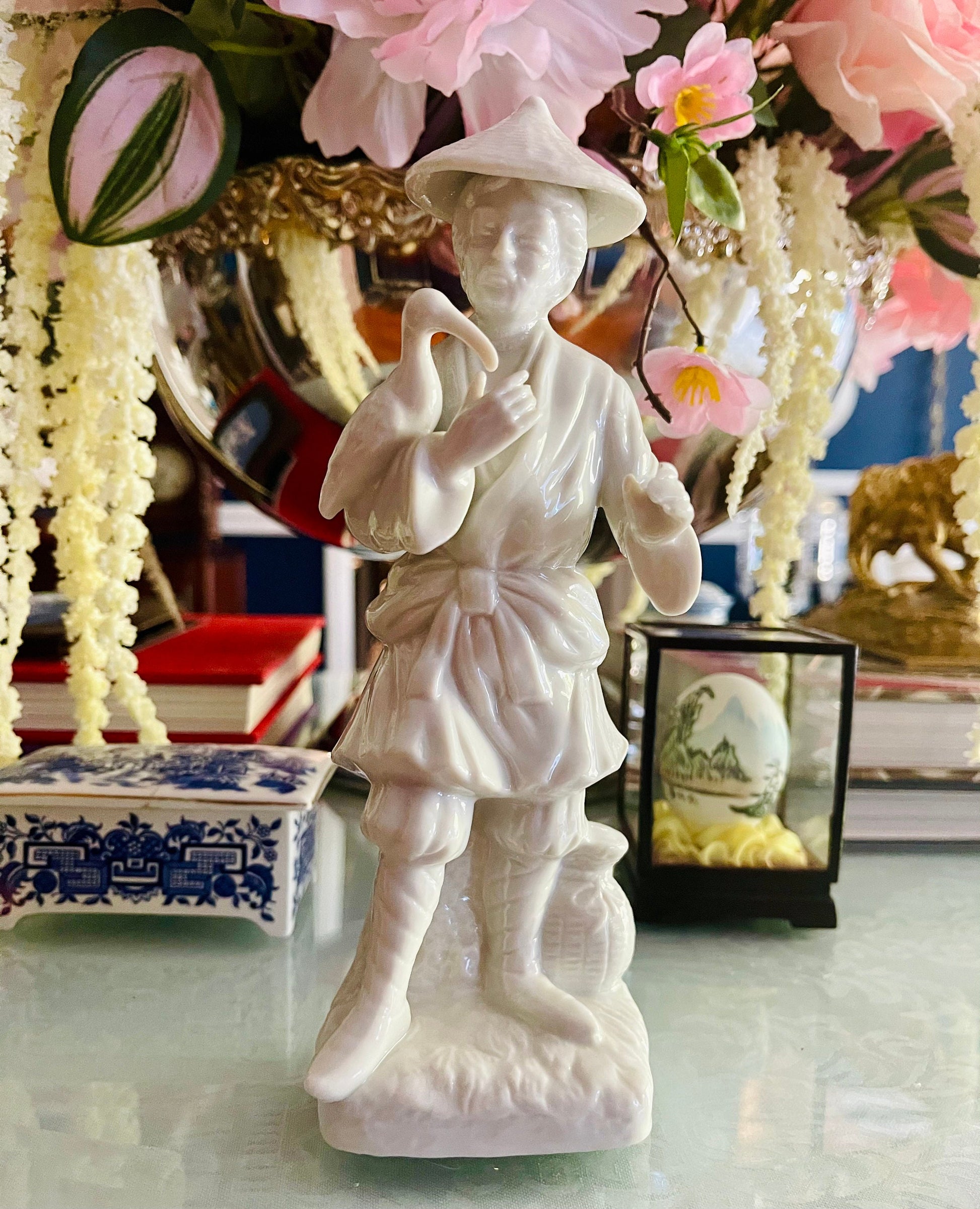 Vintage Porcelain Japanese Man Holding a Bird in White Figurine Made in Japan