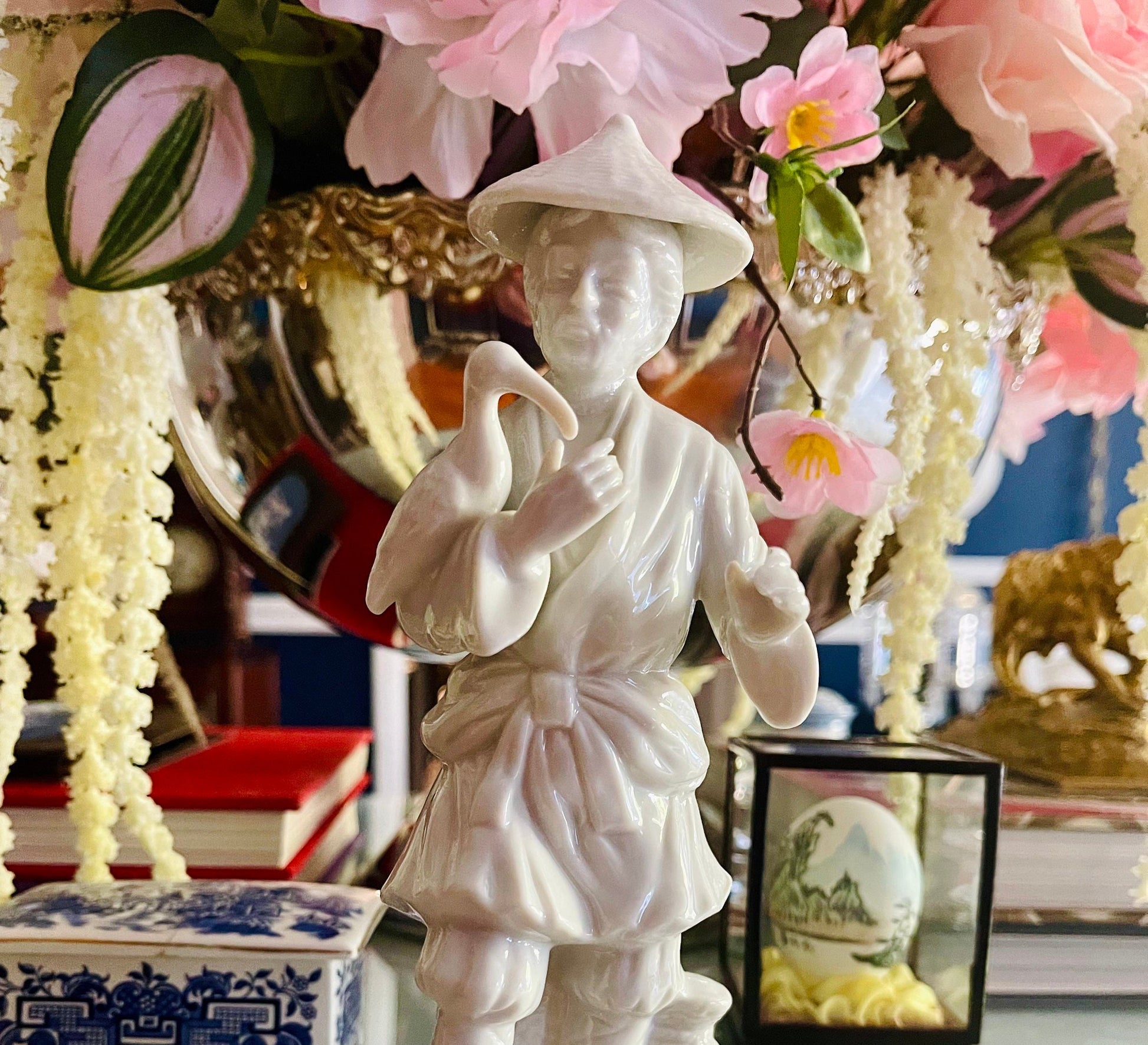 Vintage Porcelain Japanese Man Holding a Bird in White Figurine Made in Japan