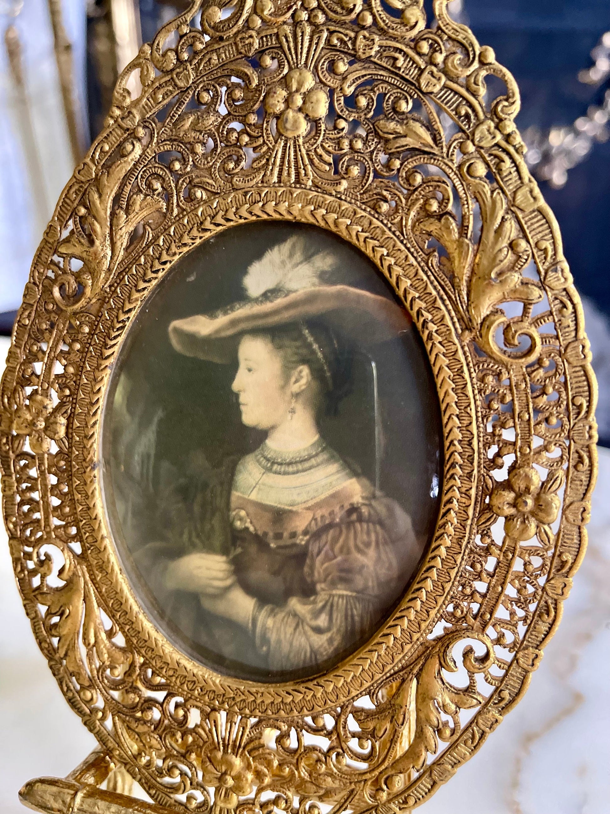 Antique Miniature Portrait Under Curved Glass in Detailed Frame