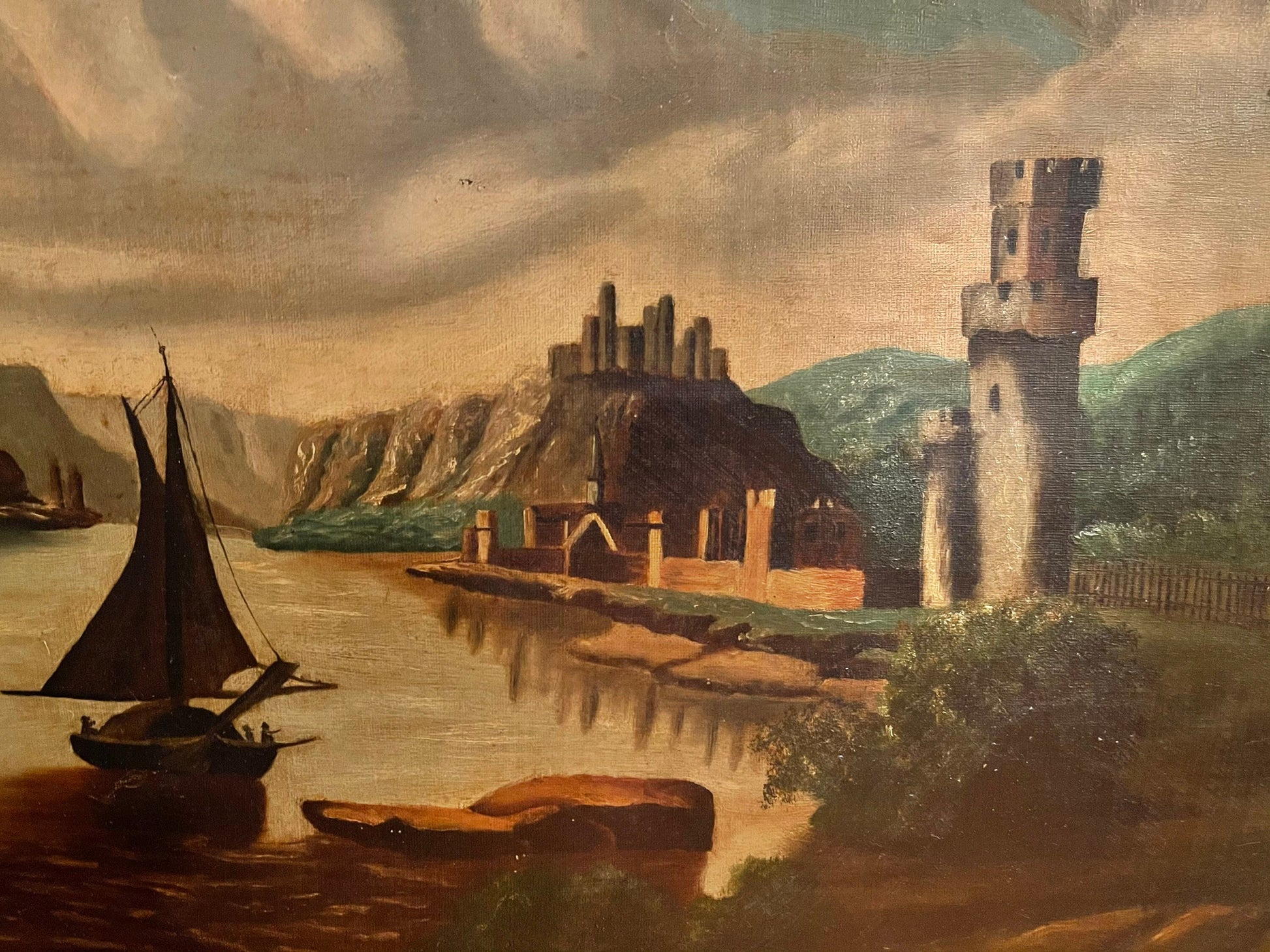 Landscape Oil Painting of the German Rhine with a Castle and Ship Antique