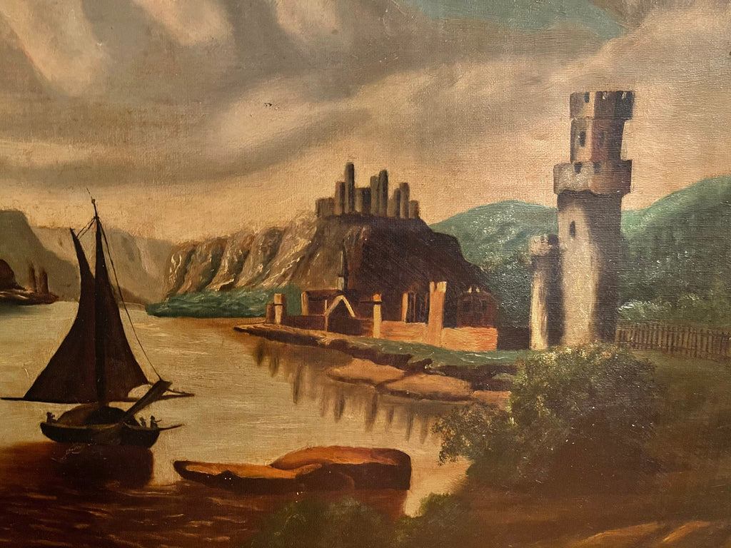 Landscape Oil Painting of the German Rhine with a Castle and Ship Antique