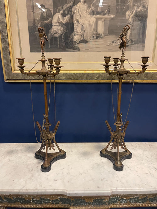 Antique Circa 1890 Rare Ferdinand Barbedienne Foundry French Bronze Pair Candelabras