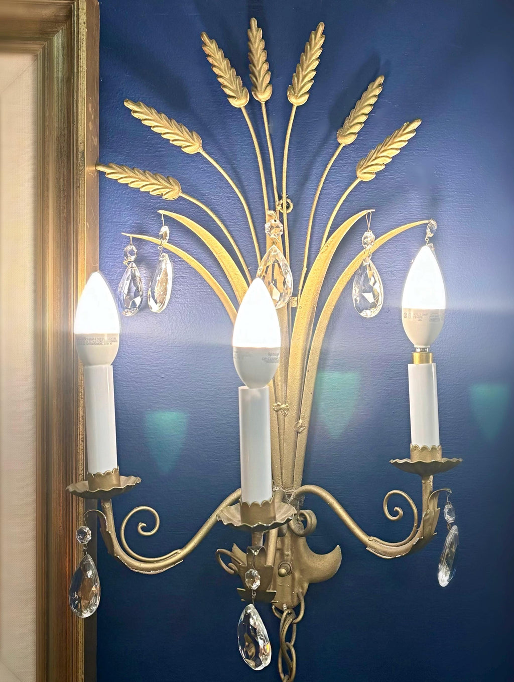 Vintage Pair Gold Gilt Hollywood Regency Wheat Wall Scones