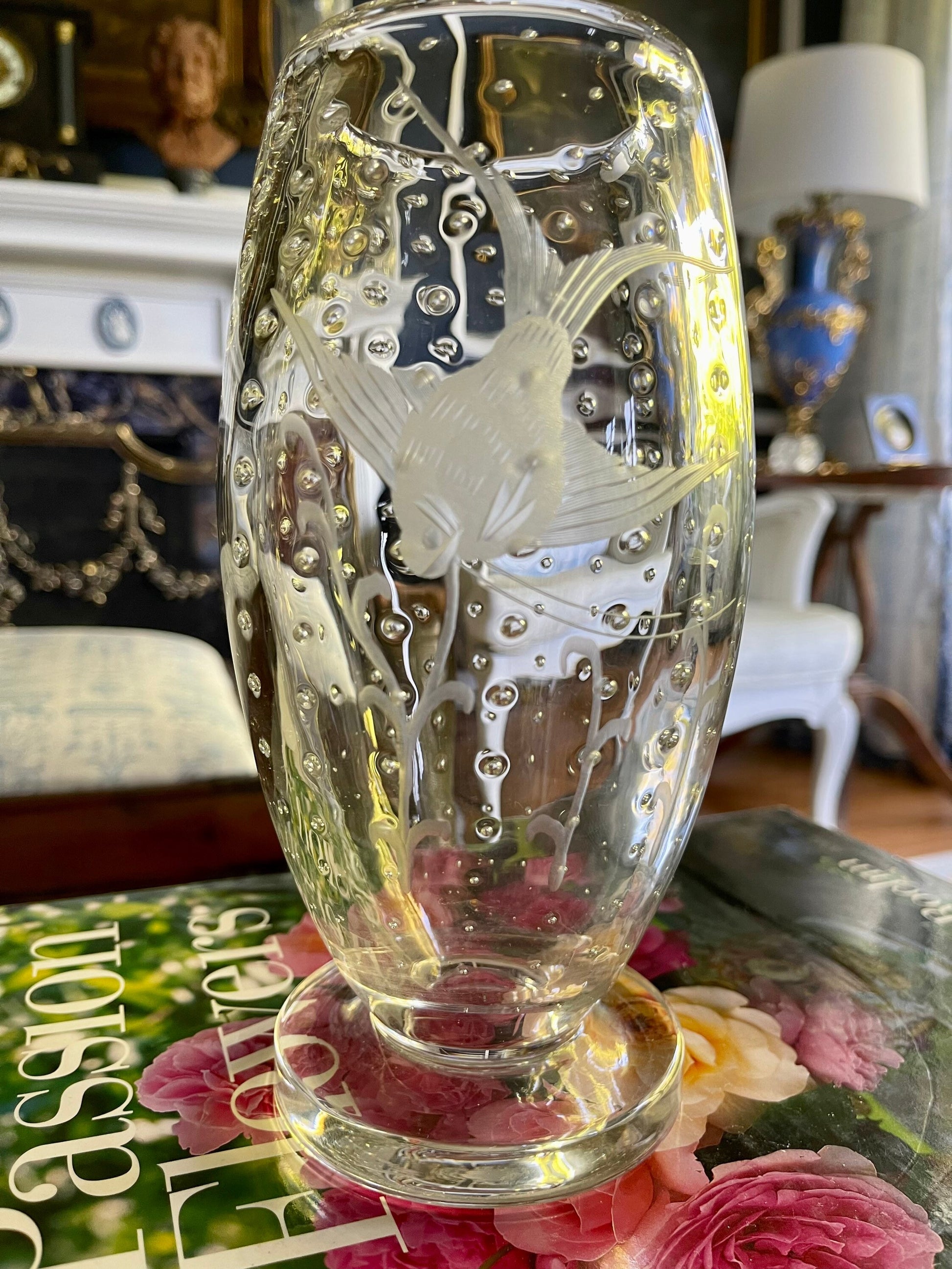 Vintage Johansfors Swedish Bubble Glass Engraved Fish Vase