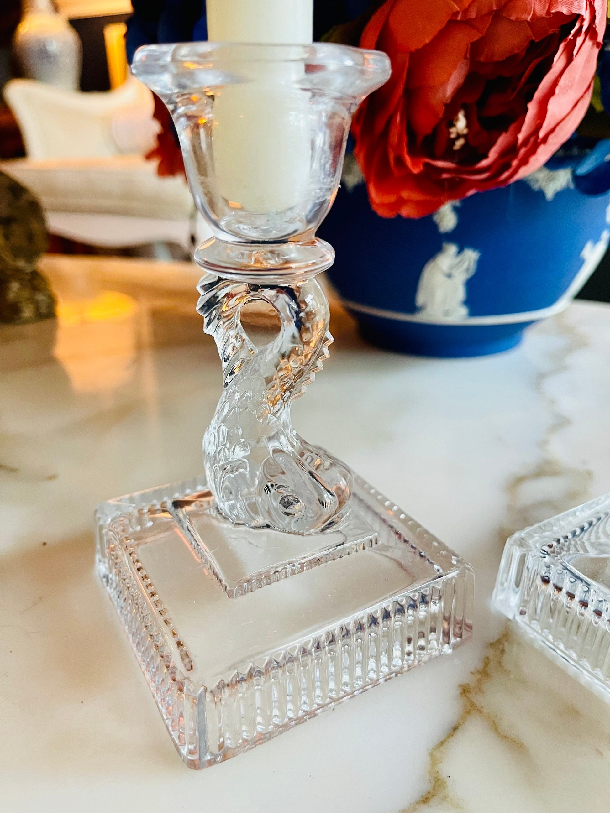 Vintage Pair 1930s Imperial Dolphin Glass Candle Holders