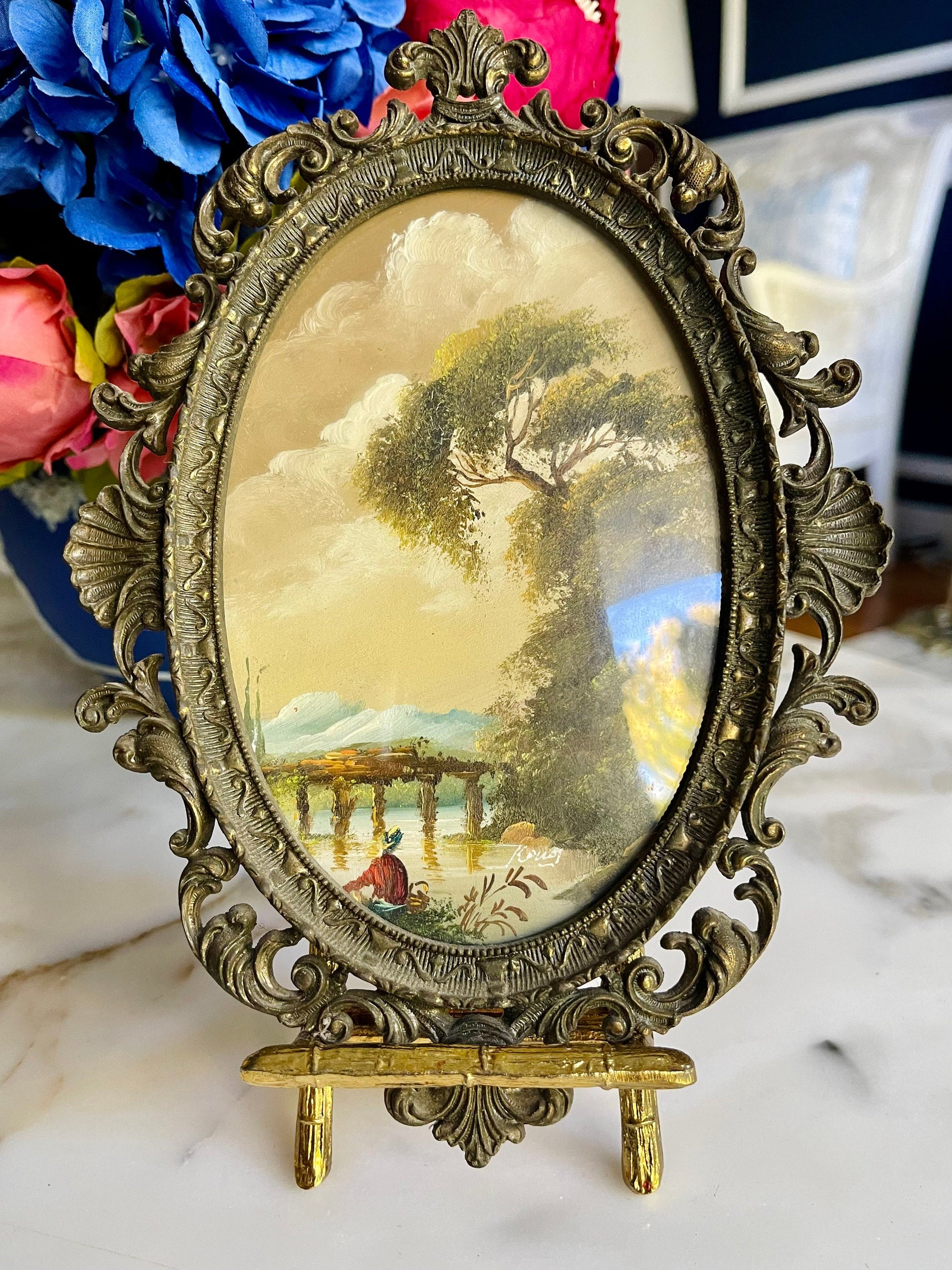 Antique Landscape with Man on a Boat Painting in Metal Ornate Frame from Italy