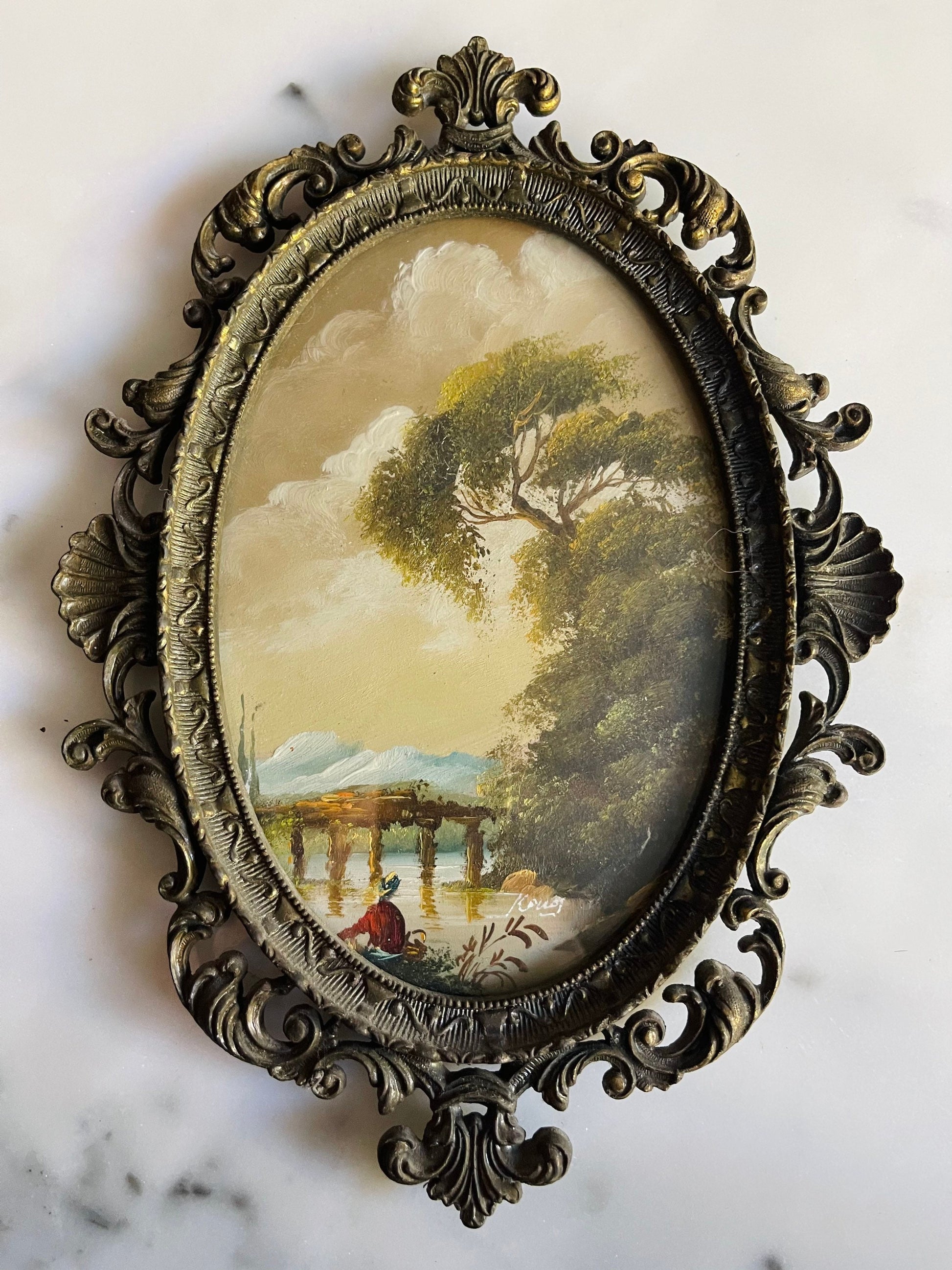 Antique Landscape with Man on a Boat Painting in Metal Ornate Frame from Italy