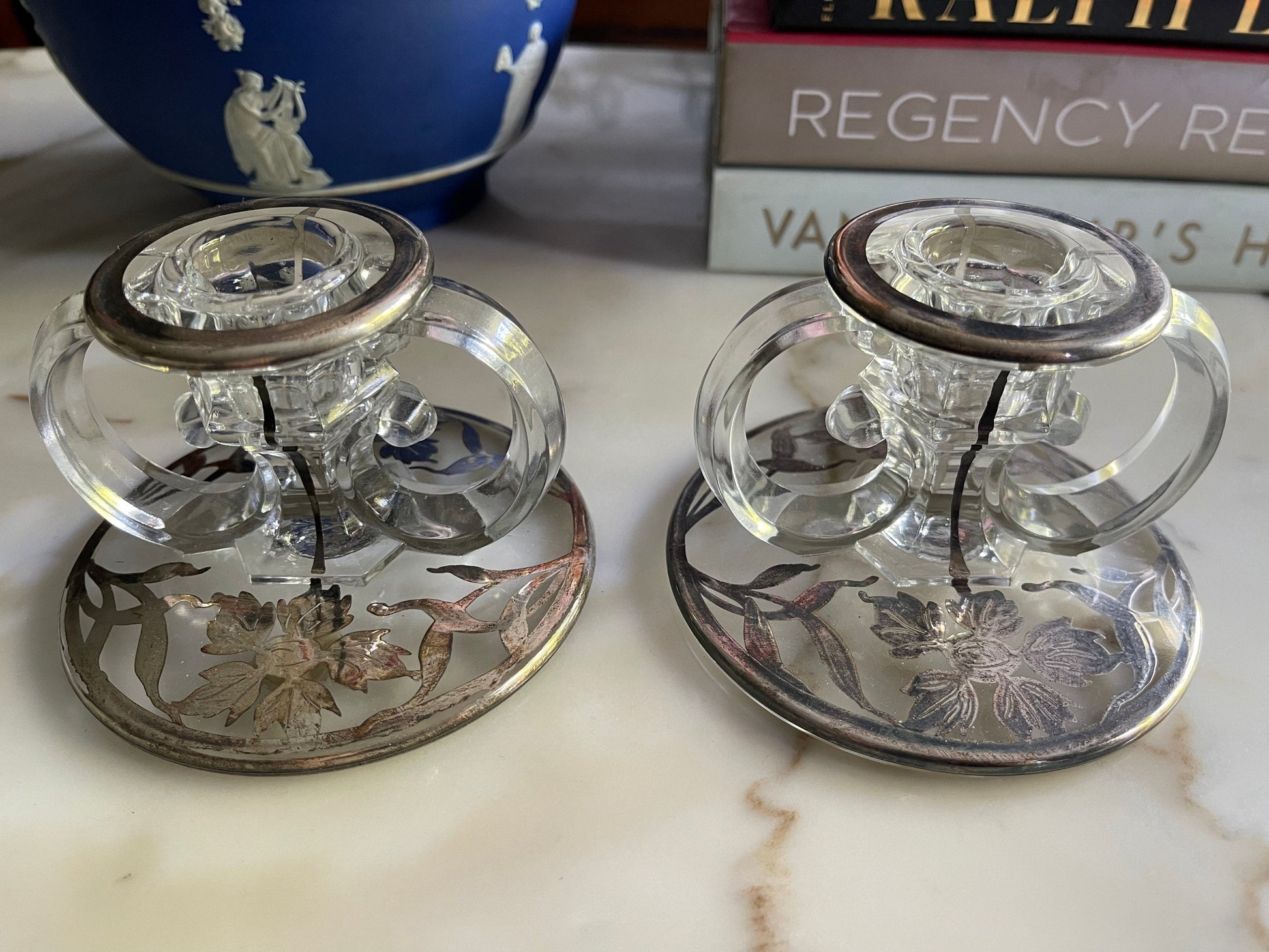 Vintage Sterling Silver Overlay Candlestick/Candle Holders Glass Vintage Set