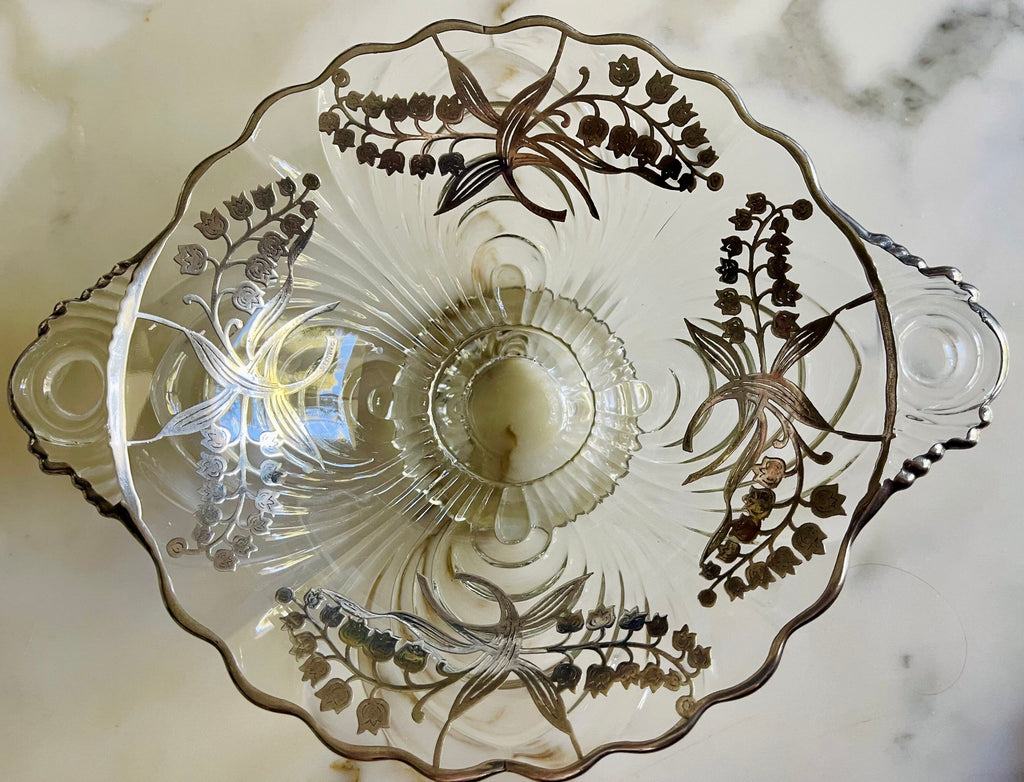 Vintage Silver Overlay Candy Dish Clear Glass