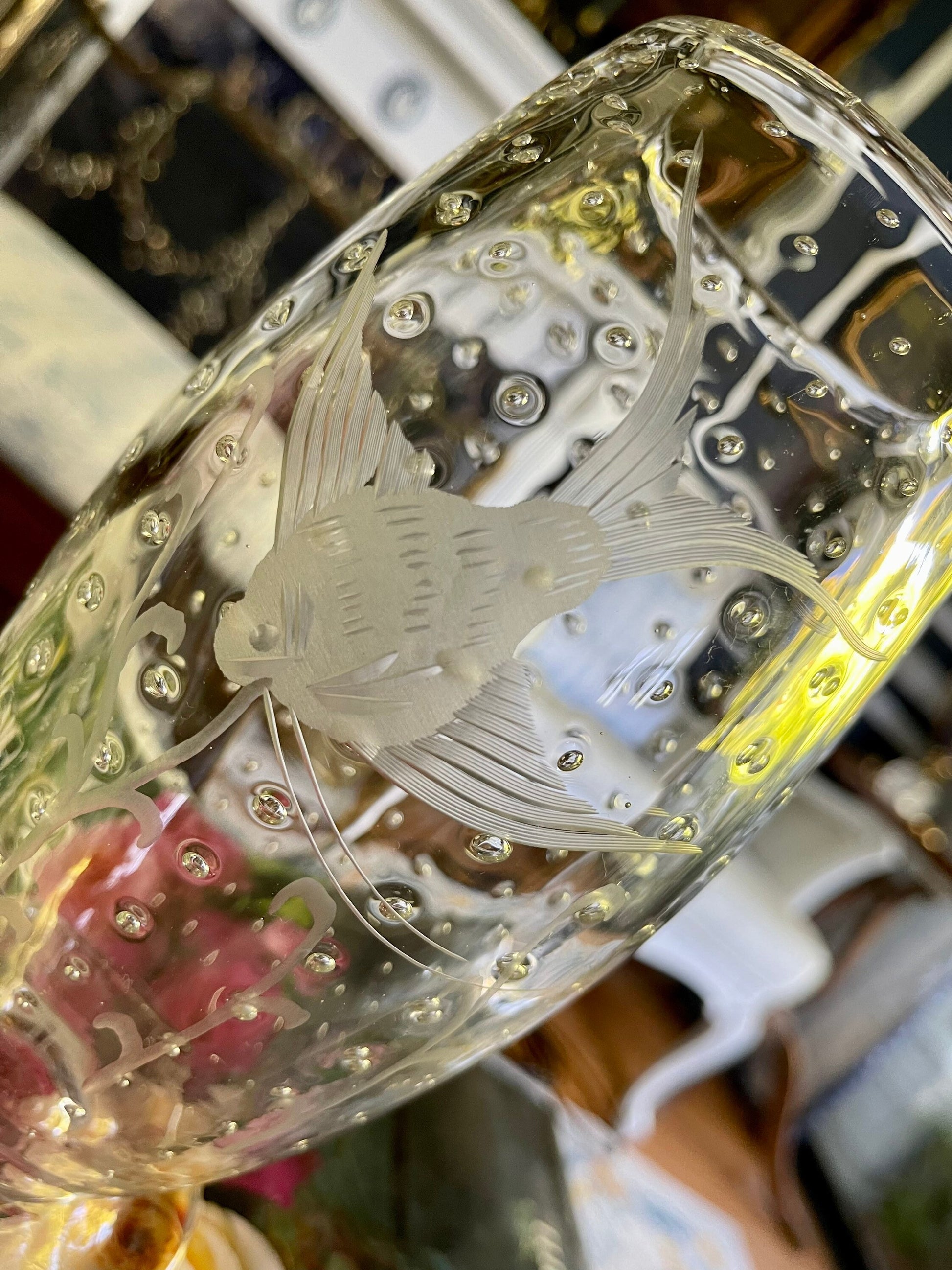 Vintage Johansfors Swedish Bubble Glass Engraved Fish Vase