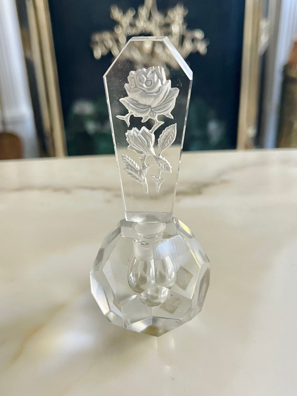 Vintage I Rioe Faceted Crystal Perfume Bottle. Intaglio Rose Top Crystal Perfume Bottle Rice Hand Cut Perfume Bottle With Etched Rose Top