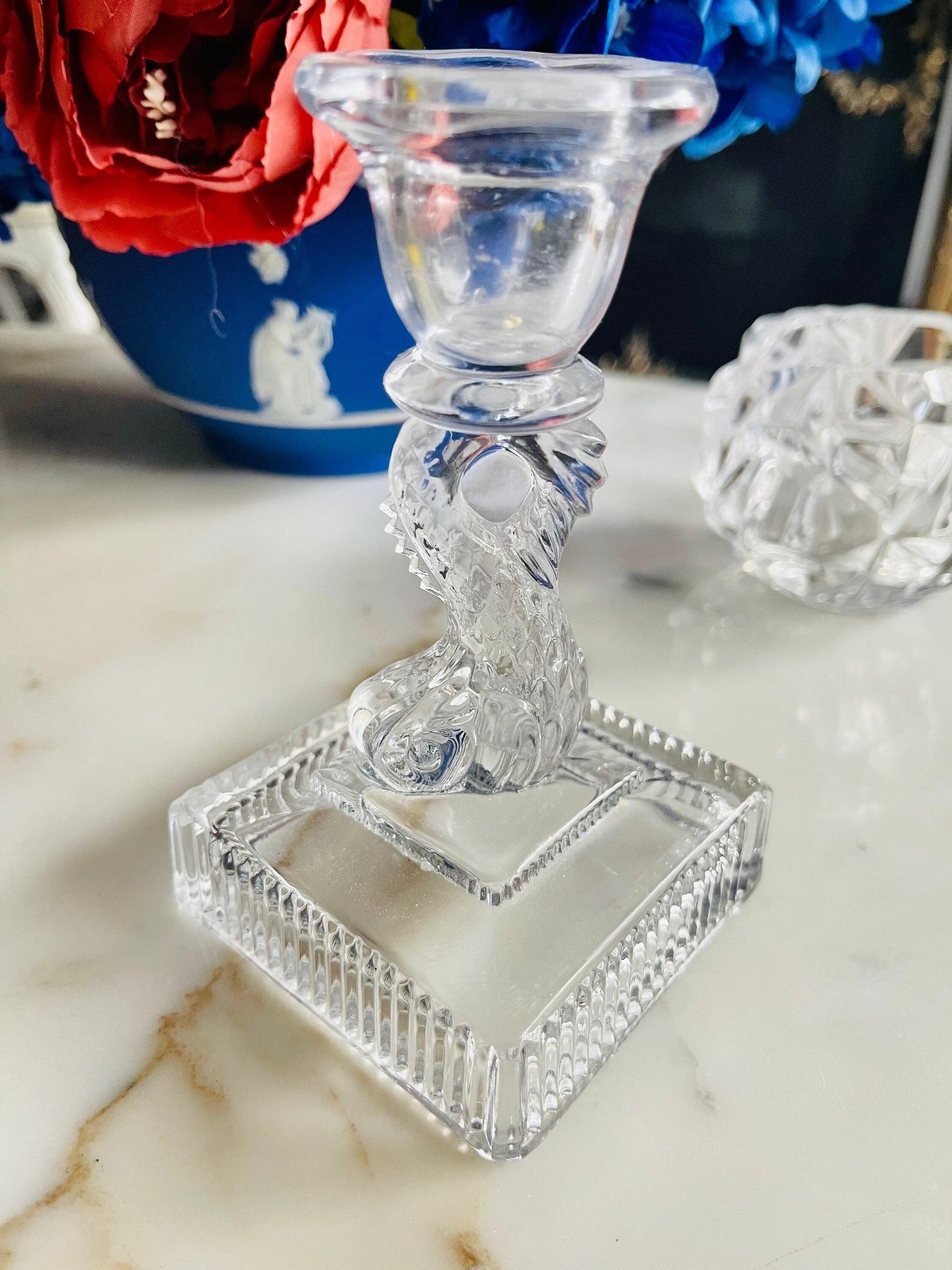 Vintage Pair 1930s Imperial Dolphin Glass Candle Holders