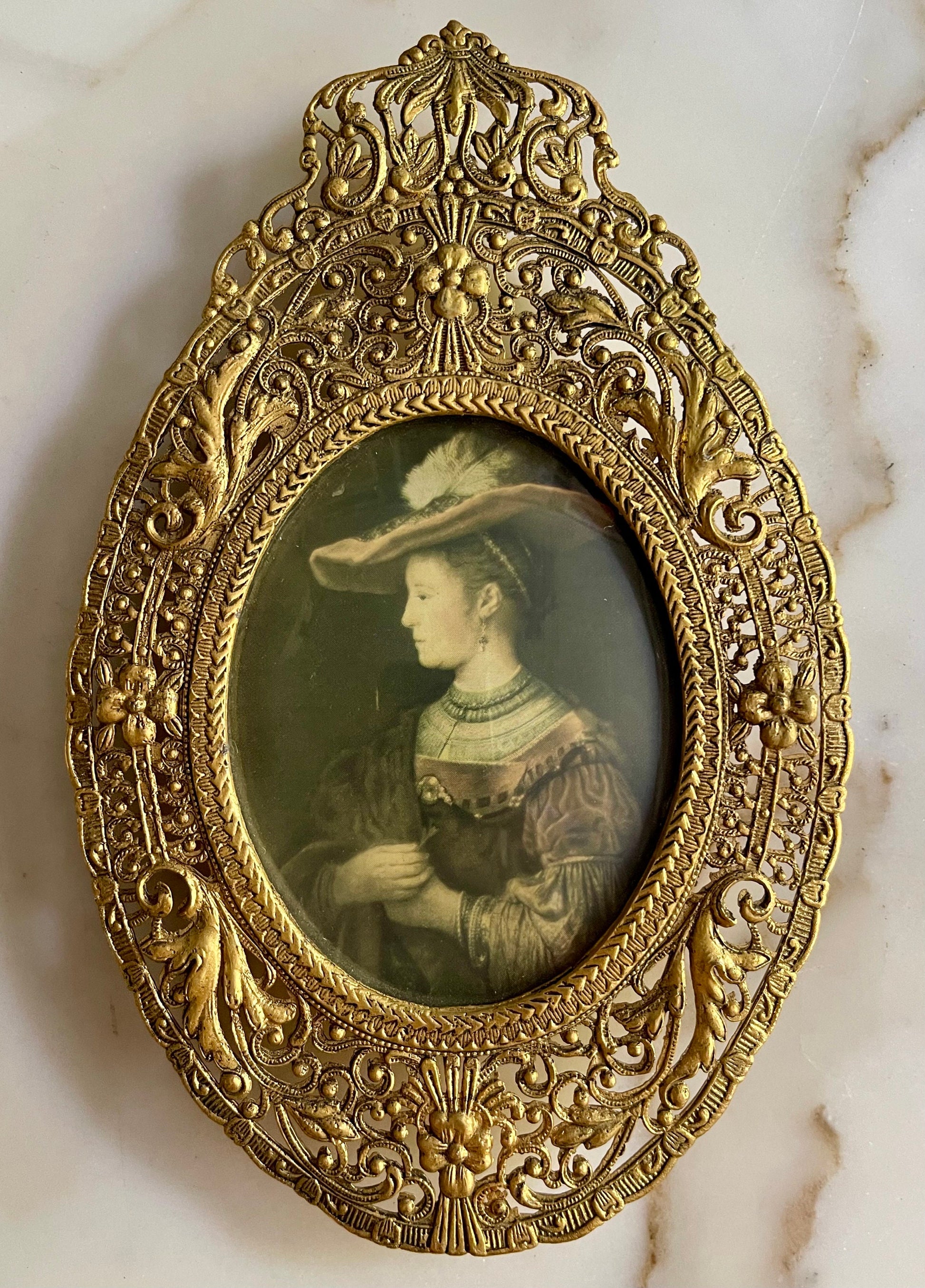 Antique Miniature Portrait Under Curved Glass in Detailed Frame