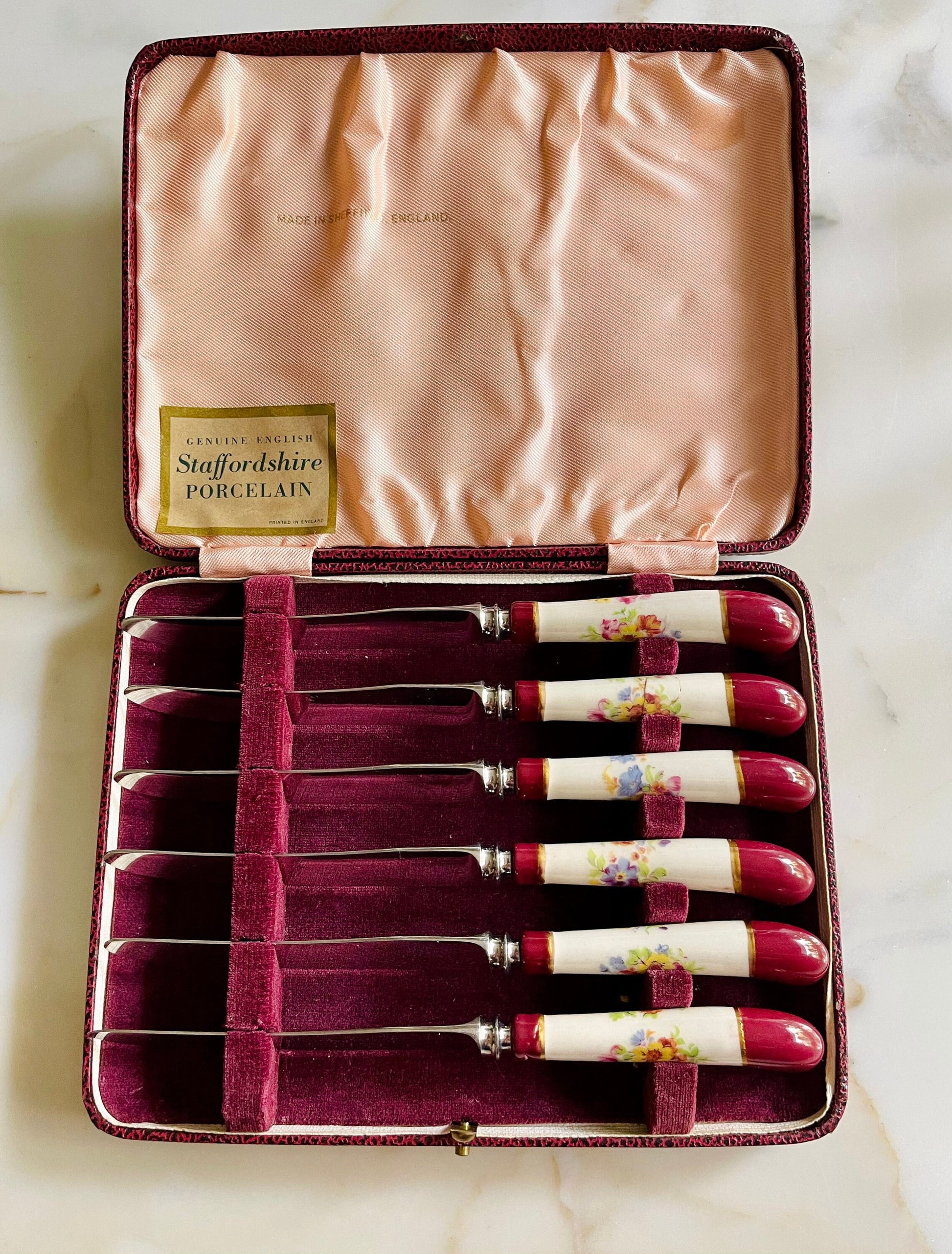 Vintage Harrison Fisher & Co Staffordshire Porcelain Floral Knife Set of 6