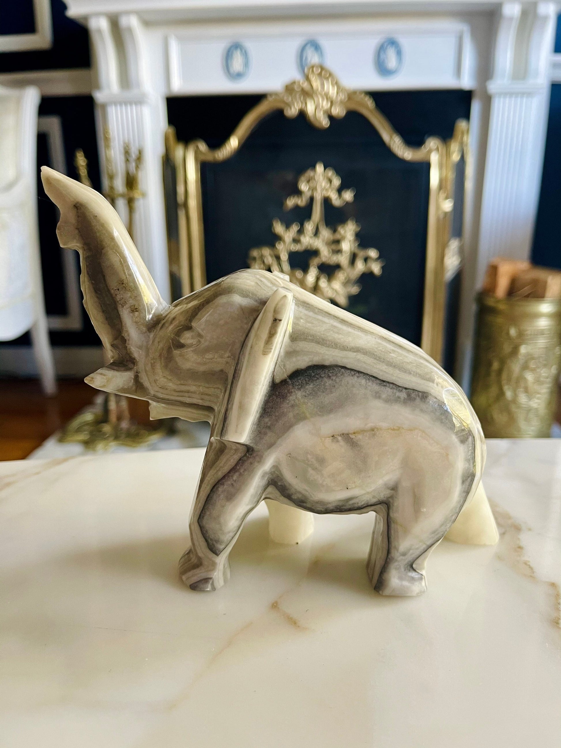 Large Vintage Grey & White Onyx Elephant