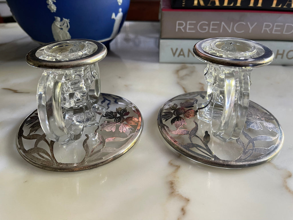 Vintage Sterling Silver Overlay Candlestick/Candle Holders Glass Vintage Set