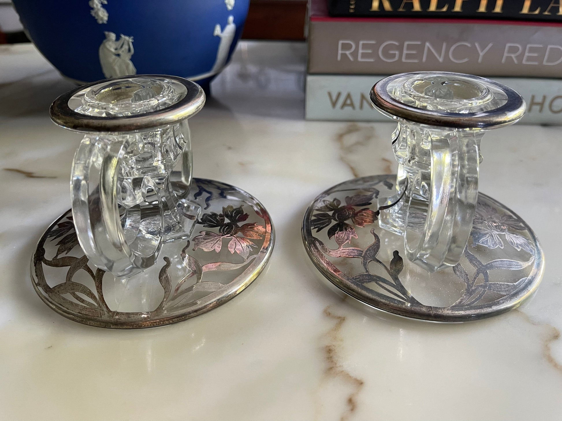 Vintage Sterling Silver Overlay Candlestick/Candle Holders Glass Vintage Set