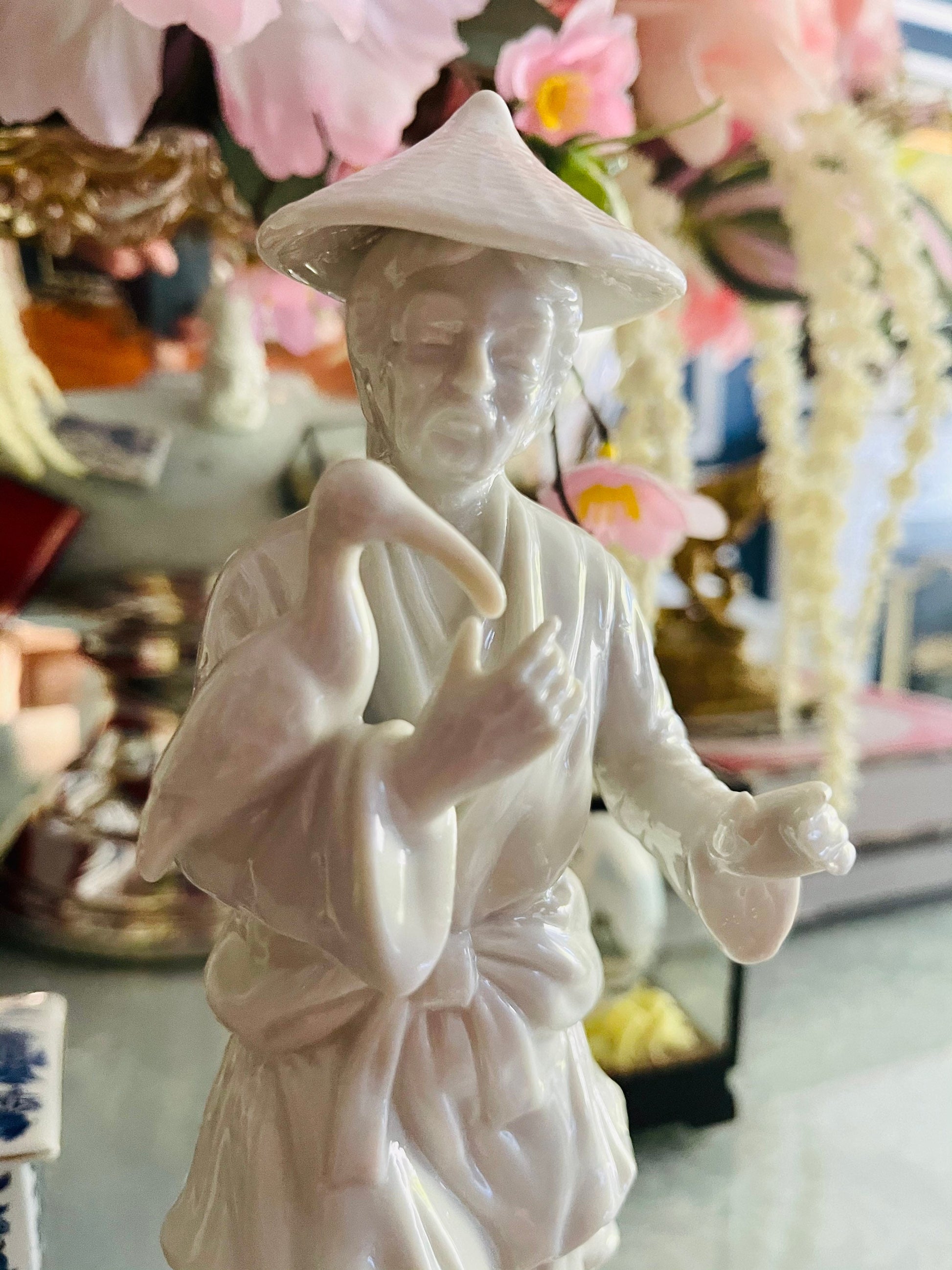 Vintage Porcelain Japanese Man Holding a Bird in White Figurine Made in Japan
