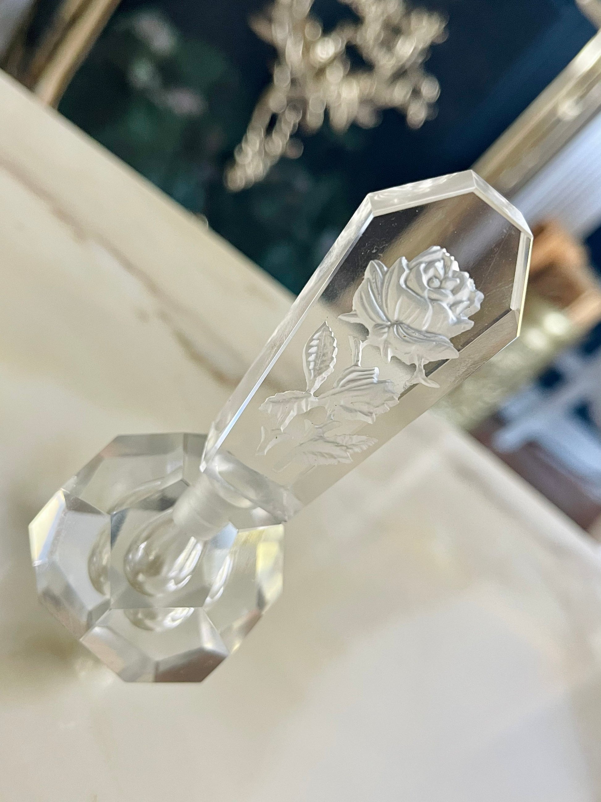 Vintage I Rioe Faceted Crystal Perfume Bottle. Intaglio Rose Top Crystal Perfume Bottle Rice Hand Cut Perfume Bottle With Etched Rose Top