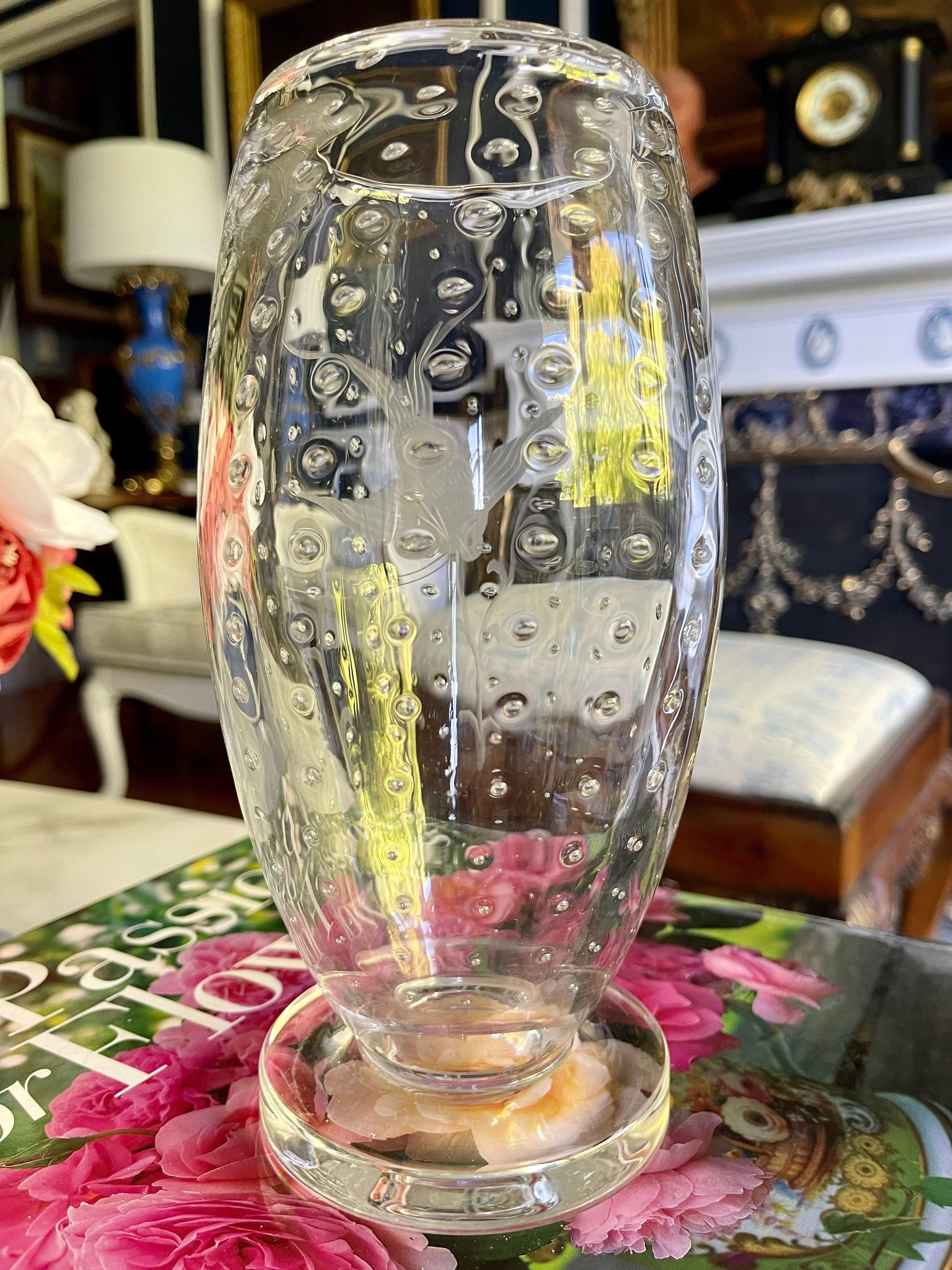 Vintage Johansfors Swedish Bubble Glass Engraved Fish Vase