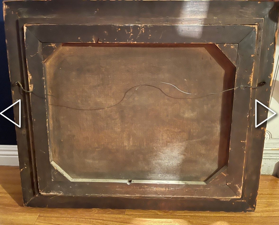 Landscape Oil Painting of the German Rhine with a Castle and Ship Antique