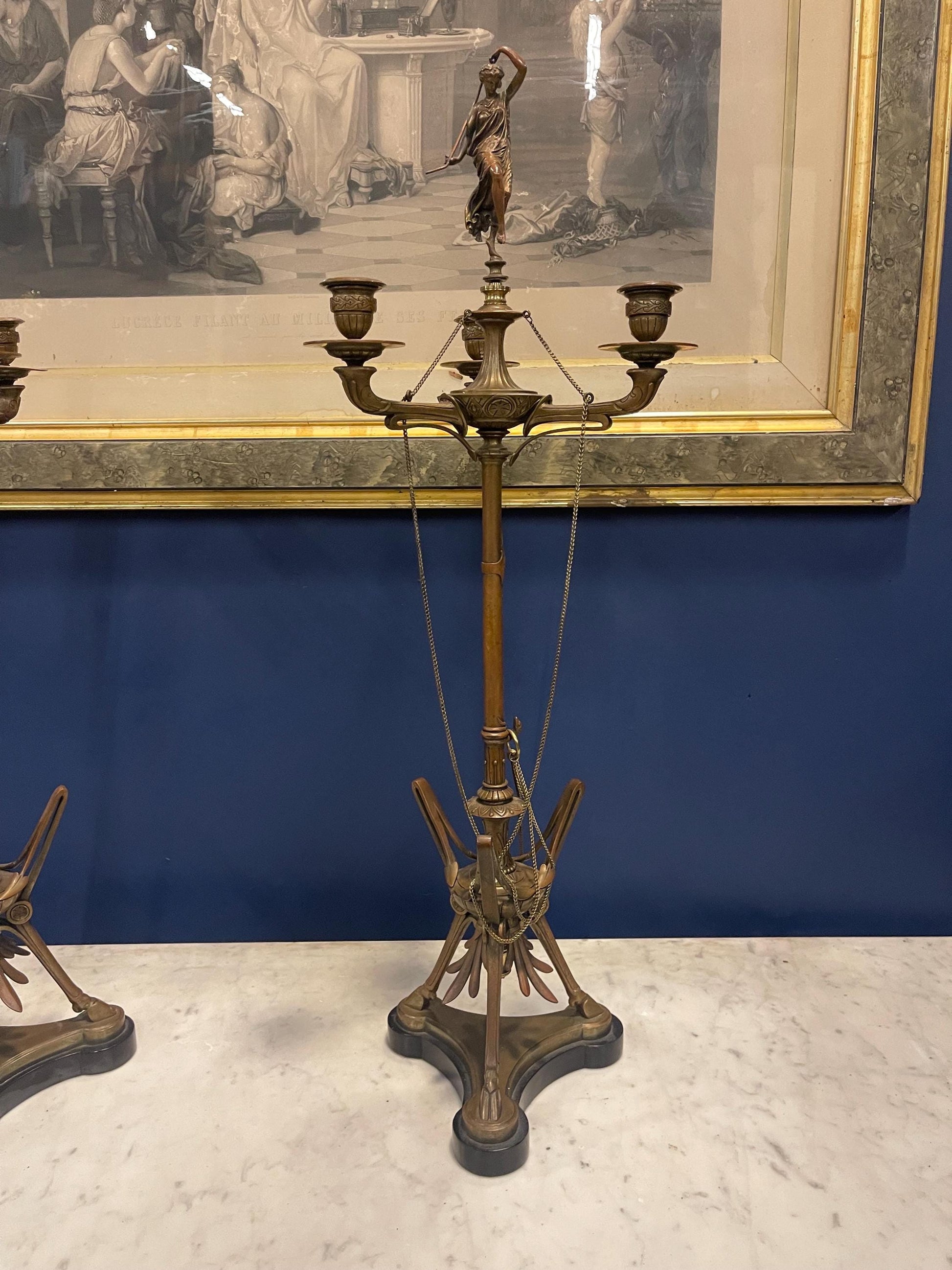 Antique Circa 1890 Rare Ferdinand Barbedienne Foundry French Bronze Pair Candelabras