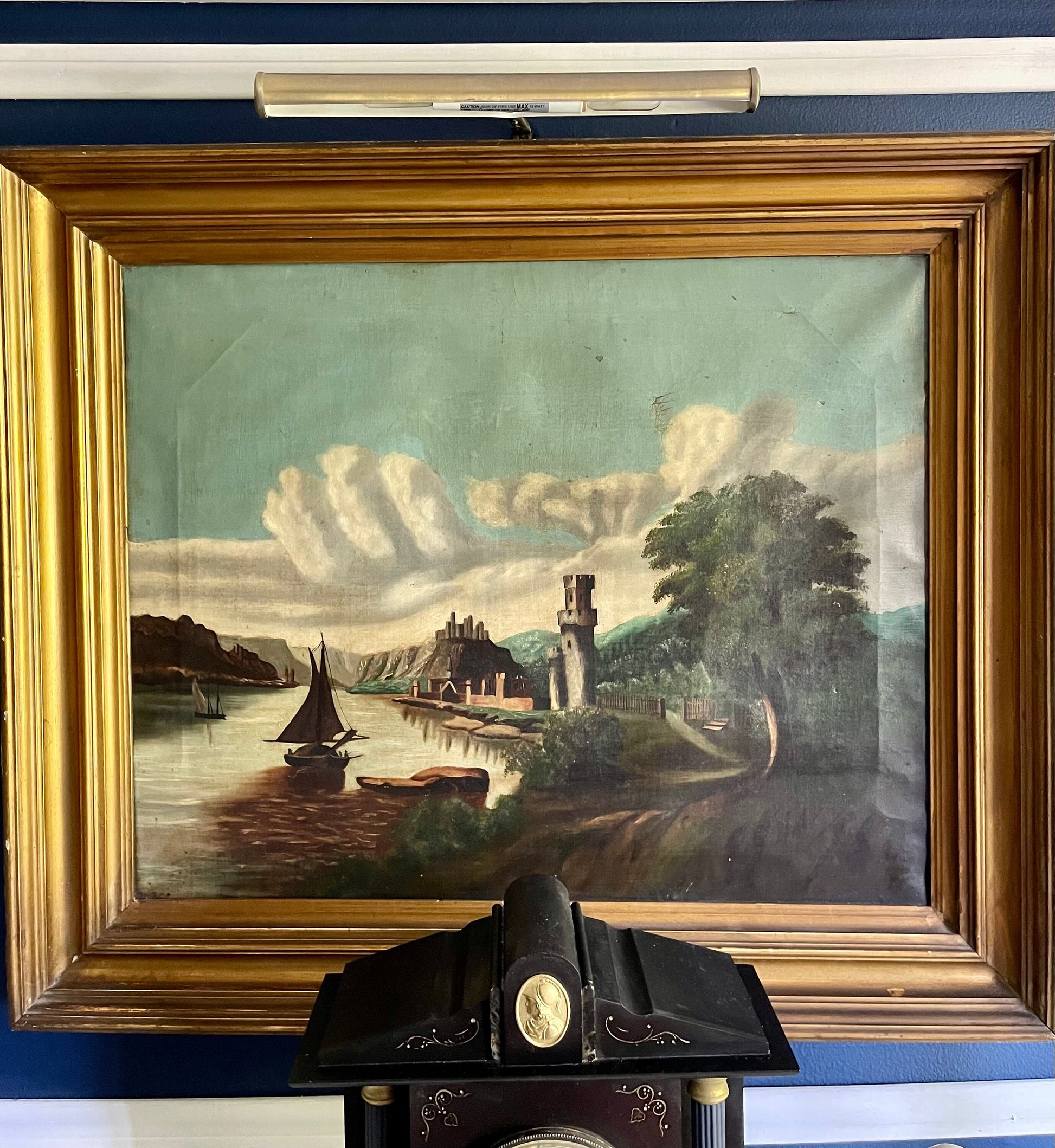 Landscape Oil Painting of the German Rhine with a Castle and Ship Antique