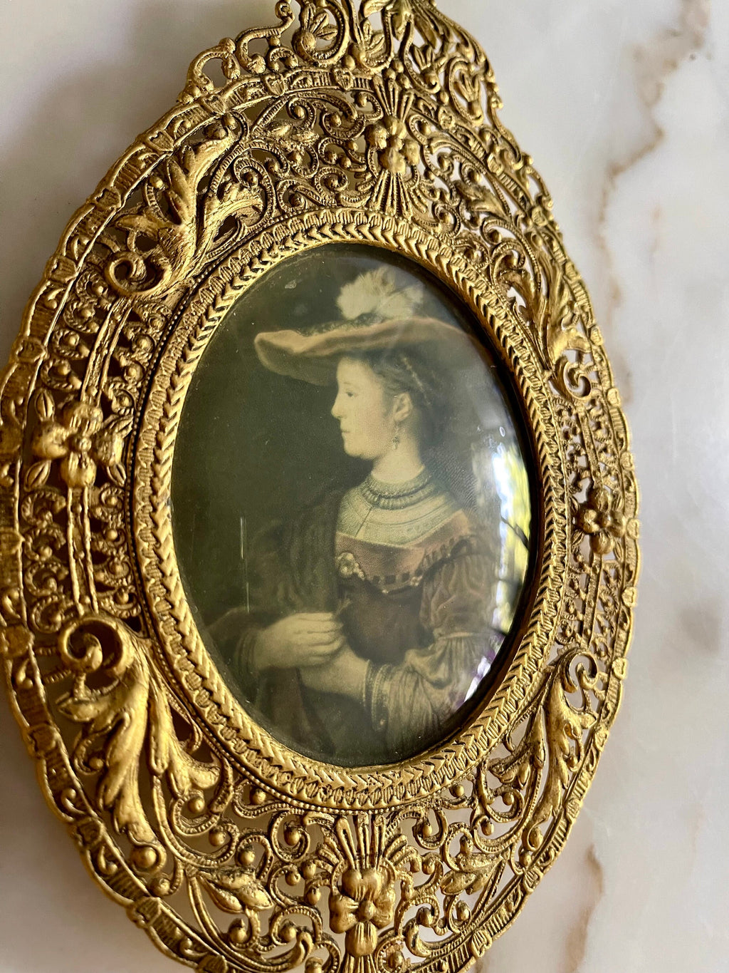 Antique Miniature Portrait Under Curved Glass in Detailed Frame