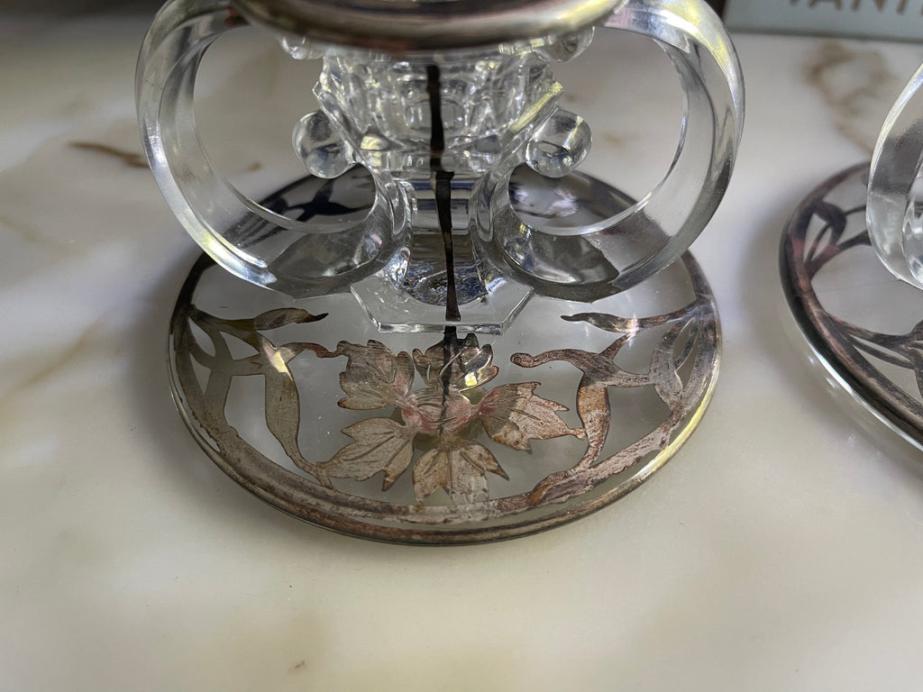 Vintage Sterling Silver Overlay Candlestick/Candle Holders Glass Vintage Set