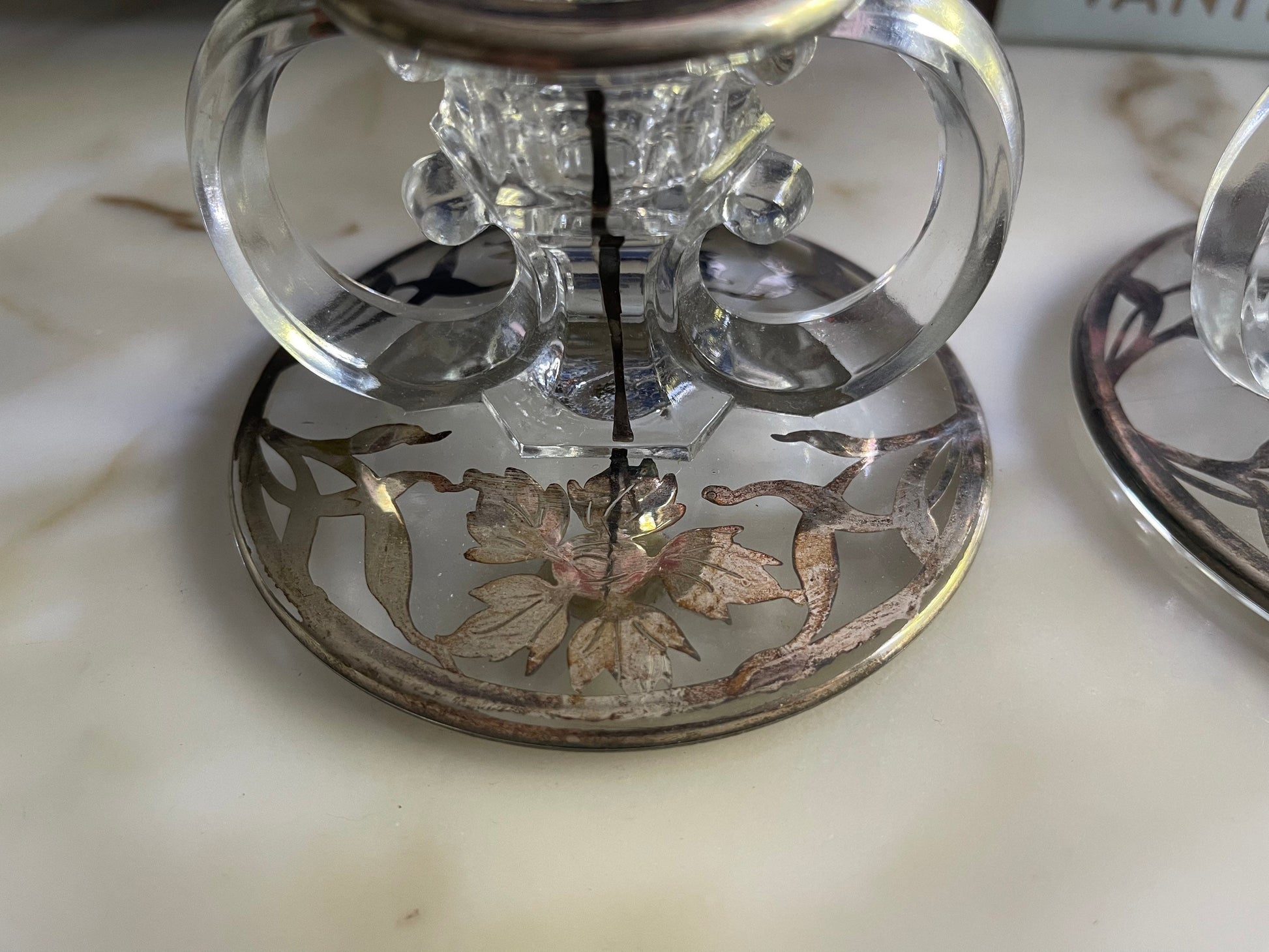 Vintage Sterling Silver Overlay Candlestick/Candle Holders Glass Vintage Set