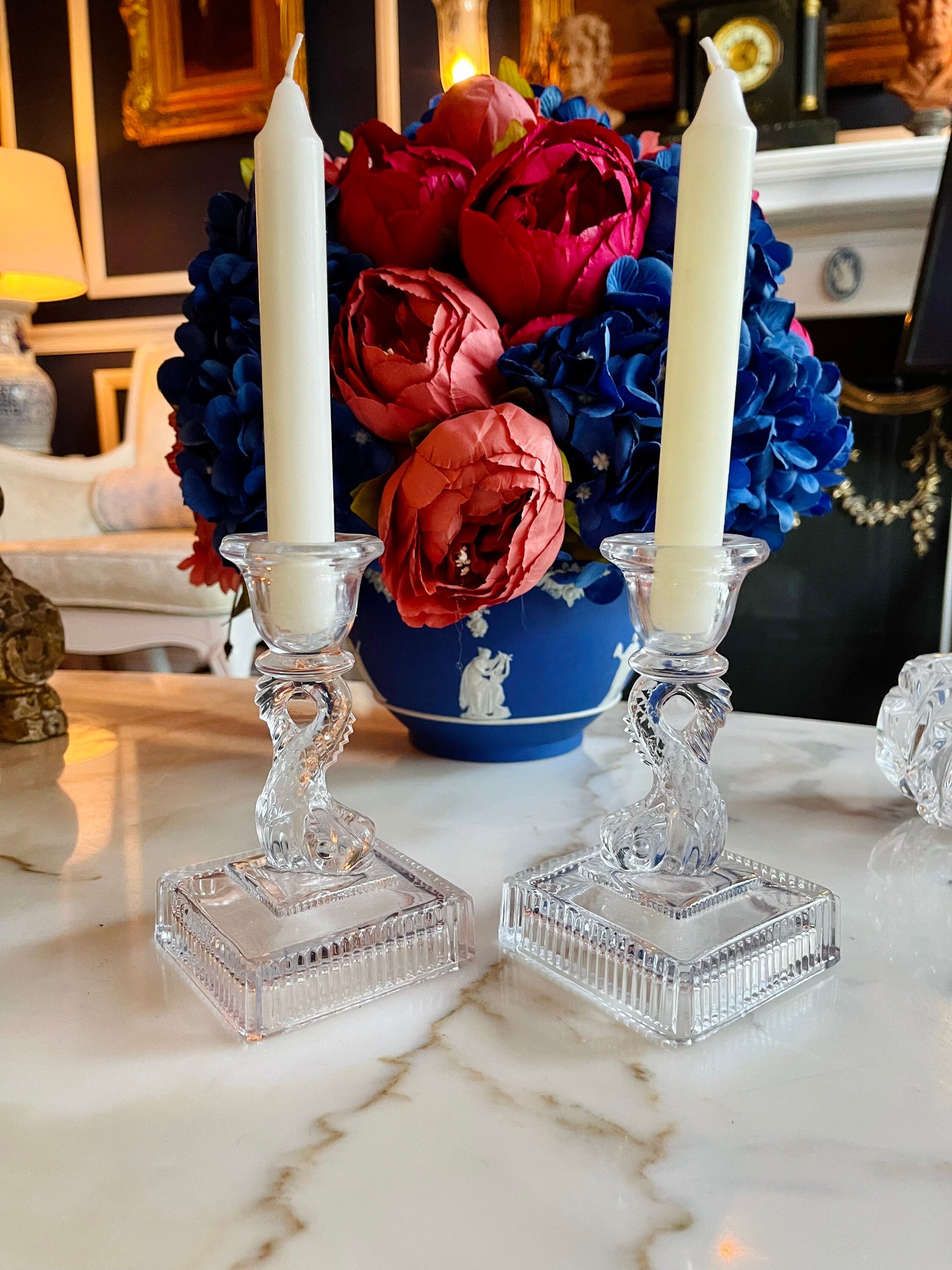 Vintage Pair 1930s Imperial Dolphin Glass Candle Holders